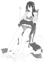 Rule 34 | 1girl, barefoot, bra, breasts, chair, closed eyes, clothes lift, unworn clothes, fanning self, frilled panties, frills, glasses, greyscale, hair between eyes, hairband, highres, kantai collection, lifting own clothes, long hair, mikan 29344886, monochrome, off shoulder, ooyodo (kancolle), open mouth, panties, simple background, sitting, skirt, skirt lift, small breasts, solo, sweat, underwear