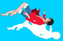 Rule 34 | 1boy, barefoot, black hair, long sleeves, male focus, monkey d. luffy, one piece, open clothes, open shirt, red shirt, scar, shirt, shorts, silhouette, solo