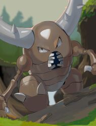Rule 34 | absurdres, black eyes, claws, commentary request, creatures (company), day, game freak, gen 1 pokemon, grass, highres, horns, nintendo, no humans, open mouth, outdoors, partial commentary, pinsir, pokemon, pokemon (creature), solo, standing, teeth, yunimaru