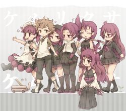 Rule 34 | 1boy, 6+girls, ^ ^, ^o^, animal ears, black pantyhose, black socks, breasts, brown eyes, brown hair, character request, closed eyes, copyright name, facing another, fox ears, glasses, japanese clothes, kemurikusa, kneehighs, kolshica, large breasts, long hair, looking at another, looking to the side, miko, multiple girls, pantyhose, purple hair, shiro (kemurikusa), short hair, sitting, socks