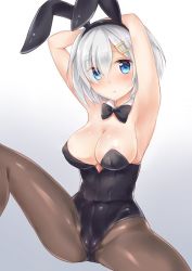 Rule 34 | 1girl, animal ears, arms behind head, arms up, bad proportions, black bow, black bowtie, black leotard, black pantyhose, blue eyes, bow, bowtie, breasts, cowboy shot, detached collar, fake animal ears, gradient background, hair ornament, hair over one eye, hairclip, hamakaze (kancolle), kantai collection, large breasts, leotard, looking at viewer, nikoo, pantyhose, playboy bunny, rabbit ears, short hair, silver hair, sitting, solo, strapless, strapless leotard, white background