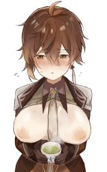 Rule 34 | 1girl, ?, black gloves, blush, breasts, brown hair, collared shirt, cup, earrings, genderswap, genderswap (mtf), genshin impact, gloves, hair between eyes, holding, holding cup, inverted nipples, jacket, jewelry, large breasts, long hair, long sleeves, necktie, nipples, open clothes, open mouth, open shirt, otsumami (02mami), shirt, simple background, single earring, solo, speech bubble, steam, sweat, tassel, tassel earrings, teacup, tears, white background, yellow eyes, zhongli (genshin impact)