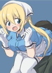 Rule 34 | 1girl, angry, blend s, blonde hair, blue dress, blue eyes, blush, breasts, dress, gloves, hair between eyes, hinata kaho, hip attack, long hair, looking back, maid, maid headdress, medium breasts, open mouth, pout, solo, thighhighs, twintails, white gloves