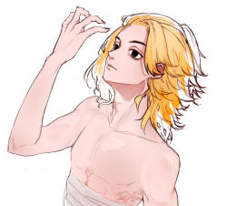 Rule 34 | 1boy, bandages, black eyes, blonde hair, collarbone, highres, long hair, looking at hand, male focus, parted lips, sano manjirou, shihpa, simple background, sketch, solo, tokyo revengers, topless male, white background