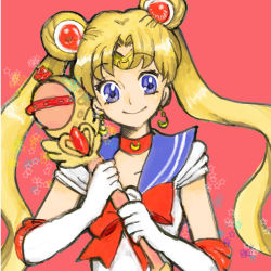 Rule 34 | 1990s (style), 1girl, bishoujo senshi sailor moon, blonde hair, blue eyes, blue sailor collar, bow, chocolive, choker, cutie moon rod, double bun, earrings, elbow gloves, gloves, hair bun, holding, jewelry, long hair, red background, red bow, retro artstyle, sailor collar, sailor moon, simple background, smile, solo, star (symbol), tsukino usagi, twintails, wand, white gloves