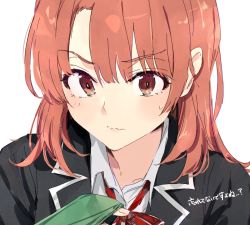Rule 34 | 1girl, black jacket, close-up, highres, isshiki iroha, jacket, looking at viewer, necktie, ponkan 8, red eyes, red hair, school uniform, short hair, simple background, solo, translation request, wavy mouth, white background, yahari ore no seishun lovecome wa machigatteiru.