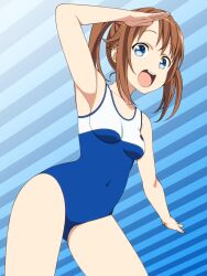 Rule 34 | 1girl, blue background, blue eyes, breasts, brown hair, covered navel, high school fleet, medium hair, misaki akeno, one-piece swimsuit, open mouth, round teeth, salute, school swimsuit, small breasts, smile, solo, striped background, swimsuit, teeth, two-tone swimsuit, upper teeth only, yagitori, yokosuka girls marine high school swimsuit