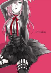 Rule 34 | 10s, 1girl, alternate costume, arms up, belt, black ribbon, black thighhighs, buckle, bustier, colored skin, english text, frills, garter straps, green eyes, guilty crown, hair ornament, head out of frame, jacket, long hair, looking at viewer, low ponytail, neck ribbon, one eye covered, over-kneehighs, pink background, pink hair, red ribbon, ribbon, shirt, simple background, sitting, solo, text focus, thigh strap, thighhighs, twintails, underbust, white shirt, white skin, yoma, yuzuriha inori