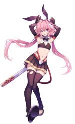 Rule 34 | 1boy, absurdres, armpits, astolfo (fate), astolfo (saber) (fate), bare shoulders, belt, black bow, black gloves, black legwear, black neckwear, black ribbon, black shirt, black skirt, blush, bow, bowtie, crop top, elbow gloves, fate/grand order, fate (series), full body, gloves, hair intakes, highres, long hair, long sleeves, looking at viewer, low twintails, male focus, midriff, multicolored hair, navel, pink hair, pleated skirt, purple eyes, ribbon, shirt, skirt, smile, streaked hair, thighhighs, trap, twintails, white hair