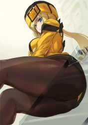 Rule 34 | 1girl, absurdres, ashiomi masato, ass, blonde hair, blue eyes, broken glass, brown pantyhose, commentary request, dress, fur hat, glass, guilty gear, guilty gear xrd, hat, highres, long hair, looking down, millia rage, pantyhose, see-through, sitting, solo, thick thighs, thighs, ushanka, yellow dress, yellow hat