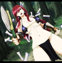Rule 34 | 1girl, axe, breasts, cleavage, erza scarlet, fairy tail, large breasts, long hair, navel, open mouth, red hair, underboob, weapon