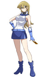 Rule 34 | 1girl, bare shoulders, blonde hair, blue footwear, blue gloves, blue skirt, boots, breasts, card, closed mouth, duel academy uniform (yu-gi-oh! gx), fingerless gloves, full body, gloves, hair between eyes, hand on own hip, high heel boots, high heels, highres, holding, holding card, kyrion, looking at viewer, shirt, skirt, sleeveless, sleeveless shirt, solo, tenjouin asuka, white background, white shirt, yellow eyes, yu-gi-oh!, yu-gi-oh! gx