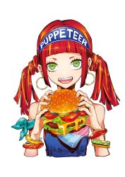 Rule 34 | 1girl, artist name, bare shoulders, bracelet, brown hair, cheese, cropped torso, cucumber, earrings, food, freckles, green eyes, burger, highres, holding, holding food, jewelry, lettuce, meat, open mouth, original, puppeteer7777, sidelocks, simple background, smile, solo, sparkle, tomato, twintails, upper body, white background