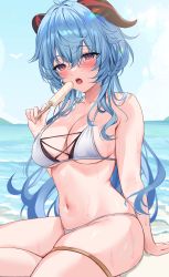 Rule 34 | 1girl, absurdres, ahoge, alternate costume, arm support, armpit crease, bad id, bad pixiv id, bare arms, beach, bikini, blue hair, blue sky, blush, breasts, cleavage, cross-laced clothes, day, food, ganyu (genshin impact), genshin impact, goat horns, hair between eyes, hand up, highres, hizuki higure, holding, horns, large breasts, long hair, looking to the side, messy hair, navel, ocean, open mouth, outdoors, popsicle, purple eyes, sitting, sky, solo, stomach, strap gap, swimsuit, thigh strap, wet, white bikini