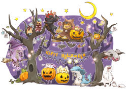 Rule 34 | bad id, bad pixiv id, banner, bare tree, bat (animal), broom, candy, capcom, chameleos, chibi, creature, crescent moon, english text, food, genprey, ghost, gigginox, halloween, happy halloween, hat, hood, jack-o&#039;-lantern, khezu, khezu whelp, lagiacrus, lollipop, minimized, monster, monster hunter (series), monster hunter 3, moon, nargacuga, no humans, pumpkin, robe, scarf, sitting, star (symbol), swing, tigrex, tree, velociprey, witch hat, yakiudon, yian garuga, yian kut-ku
