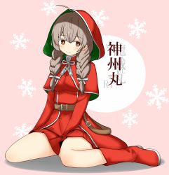 Rule 34 | 1girl, absurdres, belt, braid, brown belt, brown eyes, brown hair, capelet, character doll, circle, dress, full body, grey ribbon, hair ribbon, highres, hood, hood up, hooded capelet, kantai collection, long hair, long sleeves, pink background, pleated dress, red capelet, red dress, ribbon, shinshuu maru (kancolle), shonasan, sitting, snowflake background, solo, twin braids, wariza