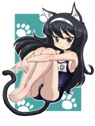 Rule 34 | 1girl, animal ears, black hair, blue background, blue one-piece swimsuit, brown eyes, cat ears, cat tail, character name, closed mouth, commentary, fetal position, floating, girls und panzer, hairband, hugging own legs, kemonomimi mode, long hair, looking at viewer, name tag, one-piece swimsuit, outline, outside border, paw print, reizei mako, school swimsuit, smile, solo, swimsuit, tail, takahashi kurage, textless version, white hairband, white outline
