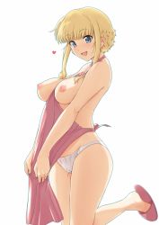 Rule 34 | 1girl, apron, blonde hair, blue eyes, blush, breasts, fang, haruhisky, heart, highres, kuneru marta, kuneru maruta, large breasts, looking at viewer, maria marta cunhel guloso, nearly naked apron, nipples, open mouth, panties, short hair, short hair with long locks, sidelocks, simple background, slippers, smile, solo, sweat, thighs, underwear, white background, white panties