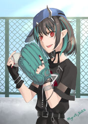 Rule 34 | 1girl, absurdres, baseball, baseball cap, baseball glove, belt, black belt, black dress, black hair, blue hair, blue hat, blue sky, blush, bracelet, chain-link fence, cloud, commentary request, dated, day, demon girl, demon horns, dress, engacyo (engacyo39800yen), eye of providence, fang, fence, flat chest, hair between eyes, hat, highres, horns, jewelry, looking at viewer, multicolored hair, nail polish, nanashi inc., official alternate costume, open mouth, outdoors, pointy ears, red eyes, red nails, shishio chris, shishio chris (3rd costume), short hair, short sleeves, sideways hat, sky, smile, solo, spiked bracelet, spikes, sugar lyric, two-tone hair, upper body, virtual youtuber