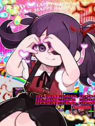 Rule 34 | 1girl, abstract background, ame-chan (needy girl overdose), black eyes, black hair, black ribbon, black skirt, collar, collared shirt, commentary, cowboy shot, english text, hair over one eye, hair tie, heart, highres, jirai kei, looking at viewer, medium hair, neck ribbon, needy girl overdose, pill, red shirt, ribbon, shirt, shirt tucked in, skirt, smile, solo, suspender skirt, suspenders, twintails, white collar, yukino super