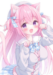 Rule 34 | 1girl, animal ear fluff, animal ears, beret, blush, breasts, cat ears, cat tail, hat, highres, long hair, looking at viewer, medium breasts, momochi chia, original, pink hair, purple eyes, smile, solo, tail, two side up