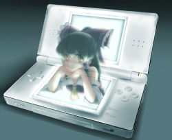 Rule 34 | 1girl, ao usagi, bow, brown eyes, brown hair, detached sleeves, female focus, hair bow, hakurei reimu, handheld game console, head rest, hologram, interlocked fingers, japanese clothes, long hair, miko, mini person, minigirl, nintendo, nintendo 3ds, nintendo ds, nintendo ds lite, own hands clasped, own hands together, product placement, smile, solo, through medium, through screen, touhou