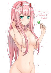 Rule 34 | 10s, 1girl, 2018, breasts, candy, closed mouth, darling in the franxx, dated, food, green eyes, groin, hair censor, hair over breasts, horns, long hair, looking at viewer, medium breasts, navel, nude, pink hair, signature, simple background, smile, solo, standing, twitter username, unel1211, white background, zero two (darling in the franxx)