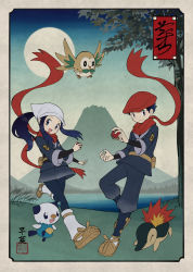 Rule 34 | 1boy, 1girl, :d, ainu clothes, akari (pokemon), black hair, closed mouth, commentary request, creatures (company), cyndaquil, eyelashes, fire, floating hair, floating scarf, game freak, gen 2 pokemon, gen 5 pokemon, gen 7 pokemon, grass, grey eyes, hat, head scarf, highres, holding, holding poke ball, long scarf, looking at viewer, moon, nintendo, open mouth, oshawott, poke ball, poke ball (legends), pokemon, pokemon (creature), pokemon legends: arceus, ponytail, red headwear, red scarf, rei (pokemon), rowlet, sawarabi (sawarabi725), scarf, short hair, sidelocks, sky, smile, socks, starter pokemon trio, tongue, water