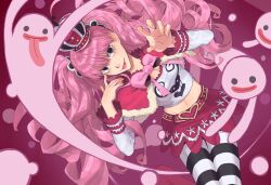 Rule 34 | 1girl, black eyes, black pantyhose, blunt bangs, bow, bowtie, capelet, commentary, cowboy shot, crop top, crown, eyelashes, from above, ghost, highres, long sleeves, looking at viewer, navel, one piece, pantyhose, perona, pink bow, pink bowtie, pink capelet, pink hair, solo, symbol-only commentary, tongue, tongue out, twintails, two-tone pantyhose, water4829, white pantyhose