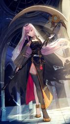 Rule 34 | 1girl, black dress, cape, detached sleeves, dress, full body, highres, holding, holding scythe, hololive, hololive english, long hair, mori calliope, pink hair, red eyes, scythe, shoulder spikes, single detached sleeve, single thighhigh, spikes, thighhighs, tiara, veil, virtual youtuber, xyunx