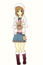 Rule 34 | 1girl, artist request, belt, boots, brown eyes, brown hair, female focus, frills, full body, fur hat, hair down, hat, hood, hooded jacket, hoodie, jacket, k-on!, see-through, short hair, simple background, skirt, solo, source request, stuffed animal, stuffed toy, tainaka ritsu, teddy bear, white background