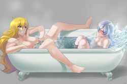 Rule 34 | 2girls, barefoot, bathtub, blonde hair, blue eyes, blush, breasts, claw foot bathtub, completely nude, cryokinesis, grey background, hug, ice, large breasts, long hair, multiple girls, nipples, nude, partially submerged, rwby, sinccubi, smirk, spread legs, weiss schnee, white background, yang xiao long
