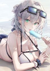 Rule 34 | 1girl, absurdres, bare shoulders, breasts, butt crack, cleavage, food, green eyes, grey hair, highres, hololive, hololive fantasy, ice cream, large breasts, looking at viewer, medium hair, misyune, shirogane noel, shirogane noel (summer 2020), smile, solo, virtual youtuber