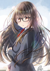 Rule 34 | 1girl, artist name, black-framed eyewear, black hair, black jacket, blazer, blue sky, blush, bow, bowtie, brown eyes, clenched hand, commentary request, crying, crying with eyes open, dated, day, from side, glasses, highres, jacket, long hair, long sleeves, looking at viewer, looking to the side, nekobaka, original, outdoors, parted lips, red bow, red bowtie, school uniform, sidelocks, signature, sky, sleeves past wrists, solo, tears, upper body, wing collar