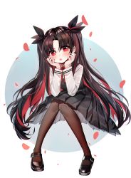 Rule 34 | 1girl, :o, absurdres, baocaizi, black dress, black footwear, black hair, black ribbon, blush, brown pantyhose, dress, fate/grand order, fate (series), full body, hair ribbon, hands on own cheeks, hands on own face, highres, invisible chair, ishtar (fate), knees together feet apart, long hair, long sleeves, looking at viewer, mary janes, multicolored hair, neck ribbon, open mouth, pantyhose, parted bangs, petals, pinafore dress, pleated dress, red eyes, red ribbon, ribbon, shirt, shoes, sitting, sleeveless dress, solo, space ishtar (fate), two-tone hair, two side up, very long hair, white shirt