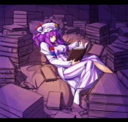 Rule 34 | 1girl, book, bow, breasts, crescent, female focus, hair bow, hat, letterboxed, long hair, lying, nekomamire, on back, open book, patchouli knowledge, purple eyes, purple hair, reading, sketch, solo, touhou