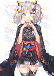 Rule 34 | 1girl, absurdres, animal ears, black thighhighs, blue eyes, blue ribbon, breasts, commentary request, fake animal ears, hair ornament, hairclip, highres, japanese clothes, kaguya luna, kimono, korean commentary, kuse (0201), looking at viewer, multicolored clothes, multicolored legwear, red thighhighs, ribbon, silver hair, solo, the moon studio, thighhighs, twintails, virtual youtuber, white thighhighs, wide sleeves