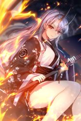 Rule 34 | 1girl, bare legs, black eyes, fire, fire, highres, holding, holding sword, holding weapon, horns, japanese clothes, kimono, looking at viewer, mendou kusai, red eyes, sitting, solo, source request, sword, thighs, transformation, weapon, white hair