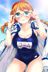 Rule 34 | 1girl, belly, blush, bracelet, braid, breasts, cleavage, coat, competition swimsuit, curvy, embarrassed, glasses, hairband, jewelry, large breasts, long hair, lowres, one-piece swimsuit, orange hair, school swimsuit, solo, swimsuit, sword girls, tears, twin braids