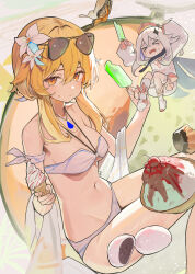 Rule 34 | &gt; &lt;, bikini, blonde hair, breasts, bug, butterfly, cherry, cropped legs, double-parted bangs, dress, eating, flower, food, fruit, genshin impact, hair flower, hair ornament, halo, highres, holding food, holding popsicle, ice cream, ice cream cone, insect, jewelry, light frown, long hair, looking at viewer, lovelyme, lumine (genshin impact), medium breasts, medium hair, midriff, mochi, navel, necklace, paimon (genshin impact), popsicle, pudding, puffy cheeks, shaded face, sidelocks, sunglasses, sweatdrop, swimsuit, towel, wavy mouth, white bikini, white dress, white footwear, white hair, wide sleeves, yellow eyes