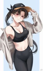 Rule 34 | 1girl, armpits, bad id, bad twitter id, baseball cap, black bra, black hair, black pants, blue background, blush, bra, breasts, cleavage, collarbone, commentary, cowboy shot, earrings, english commentary, fate/grand order, fate (series), hand on headwear, hat, high-waist pants, highres, hoop earrings, ishtar (fate), jewelry, long hair, looking at viewer, medium breasts, midriff, navel, off shoulder, open clothes, open shirt, outside border, pants, parted bangs, ponytail, puma (brand), red eyes, ryudraw, sleeves past wrists, smile, solo, sports bra, sportswear, two-tone background, underwear, yoga pants