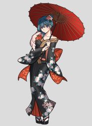 Rule 34 | 1girl, absurdres, blue eyes, blue hair, breasts, byleth (female) (fire emblem), byleth (fire emblem), collarbone, commentary, commission, fire emblem, fire emblem: three houses, flower, full body, grey background, hair between eyes, hair bun, hair flower, hair ornament, highres, holding, holding umbrella, looking at viewer, medium breasts, mixed-language commentary, nintendo, pixiv commission, sandals, silvercandy gum, simple background, single hair bun, solo, standing, umbrella, watermark