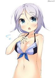 Rule 34 | 10s, 1girl, :o, adapted costume, alternate costume, arm behind back, bad id, bad twitter id, bare shoulders, bikini, blue eyes, blush, braid, breasts, cleavage, flying sweatdrops, hand on own chest, kankitsunabe (citrus), kantai collection, long hair, looking at viewer, navel, open mouth, silver hair, simple background, single braid, solo, standing, swimsuit, twitter username, umikaze (kancolle), upper body