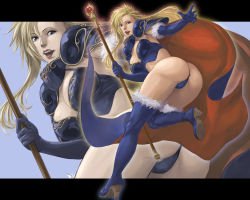 Rule 34 | 1girl, armor, ass, bent over, bikini armor, blonde hair, blue background, blue eyes, blue footwear, blue gloves, boots, brandish, brandish (video game), breasts, cape, cleavage, dela, dela delon, elbow gloves, falcom, fur-trimmed boots, fur-trimmed footwear, fur trim, gloves, high heels, large breasts, lipstick, long hair, looking at viewer, looking back, makeup, medium breasts, open mouth, ryu (gaquarium), simple background, solo, staff, teeth, thigh boots, thighhighs, thong, zoom layer