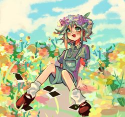 Rule 34 | 1boy, arm support, basil (headspace) (omori), basil (omori), blush, brown footwear, cloud, flower, green eyes, green hair, green shirt, head wreath, highres, looking away, looking up, m3nchiii, omori, open mouth, overall shorts, overalls, photo (object), shirt, short hair, short sleeves, sitting, sky, smile, socks, solo, sunflower, white socks