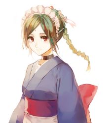 Rule 34 | 1girl, apron, back bow, black choker, blue kimono, bow, braid, braided ponytail, choker, closed mouth, collarbone, floating hair, gintama, green hair, japanese clothes, kimono, long hair, looking at viewer, lor (roasyerizyonirapi), maid headdress, mole, mole above eye, obi, parted bangs, ponytail, red bow, red eyes, sash, simple background, smile, solo, standing, tama (gintama), waist apron, white apron, white background