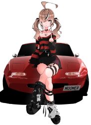 Rule 34 | 1girl, absurdres, ahoge, belt, belt chain, black belt, black choker, black footwear, black hair, black leg warmers, black skirt, black sweater, bra strap, braid, brown eyes, car, choker, collarbone, cross, cross necklace, crossed legs, dark skin, eunos roadster, frown, hair over one eye, hair ribbon, highres, hololive, hololive english, huge ahoge, jewelry, lace-trimmed choker, lace trim, long sleeves, mazda mx-5, mazda mx-5 na, middle finger, motor vehicle, multicolored hair, nanashi mumei, nanashi mumei (emo), necklace, o-ring, o-ring thigh strap, off shoulder, platform footwear, pleated skirt, rawsalmon, red sweater, ribbon, scowl, sitting, sitting on car, skirt, sleeves past elbows, solo focus, sports car, streaked hair, striped clothes, striped sweater, sweater, sweater partially tucked in, thigh strap, torn clothes, torn sweater, twin braids, virtual youtuber, white background, white hair, white leg warmers
