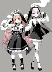 Rule 34 | 2girls, :p, black dress, black footwear, black skirt, breasts, brown hair, commentary request, copyright request, crescent, dress, frilled skirt, frills, grey background, halo, kamippoina (vocaloid), long sleeves, medium breasts, momoshiki tsubaki, multiple girls, nun, official art, pale skin, pink hair, red eyes, shirt, shoes, simple background, skirt, sleeves past wrists, thighhighs, tongue, tongue out, veil, virtual youtuber, white shirt, white thighhighs, wide sleeves