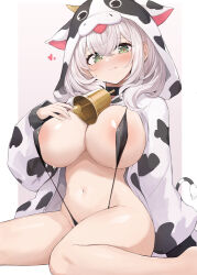 Rule 34 | 1girl, :q, bell, bikini, breasts, closed mouth, commentary request, cowbell, green eyes, grey hair, heart, heart-shaped pupils, hololive, large breasts, looking at viewer, medium hair, mou tama maru, navel, shirogane noel, slingshot swimsuit, solo, stomach, swimsuit, symbol-shaped pupils, tongue, tongue out, underboob, virtual youtuber