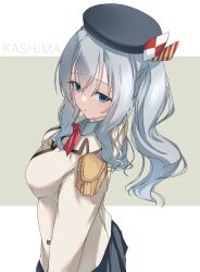 Rule 34 | 001machi, 1girl, absurdres, beret, blue eyes, blush, breasts, brown background, character name, commentary request, epaulettes, grey hair, hat, highres, jacket, kantai collection, kashima (kancolle), large breasts, long hair, long sleeves, looking at viewer, looking back, military, military jacket, military uniform, neckerchief, pleated skirt, red neckerchief, skirt, solo, twintails, uniform, upper body, wavy hair, white background